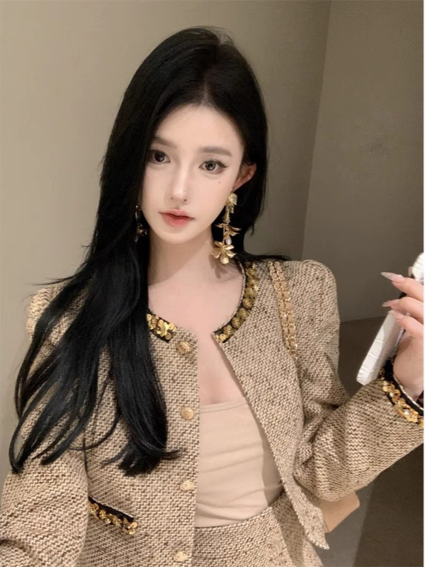 法式短款小香风套装粗花呢亮片长袖短外套秋冬包臀半身裙两件套|undefined