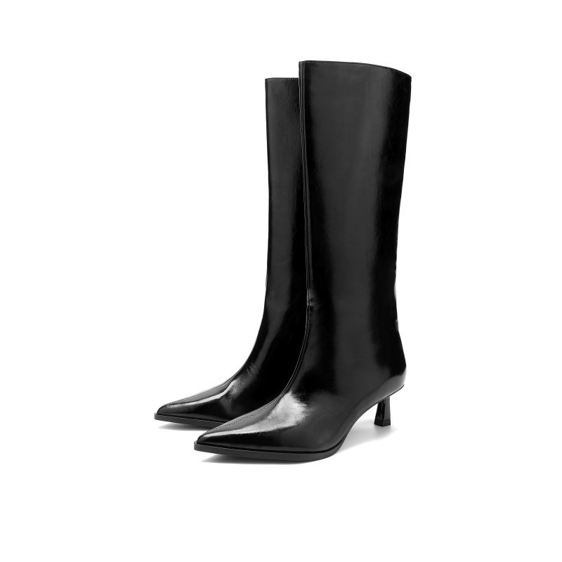 Za2024 New Autumn and Winter Women's Shoes Black Wide-Tube Pointed Cat Heel High-Leg Trouser Boots Stiletto Heel Slim Boots for Women