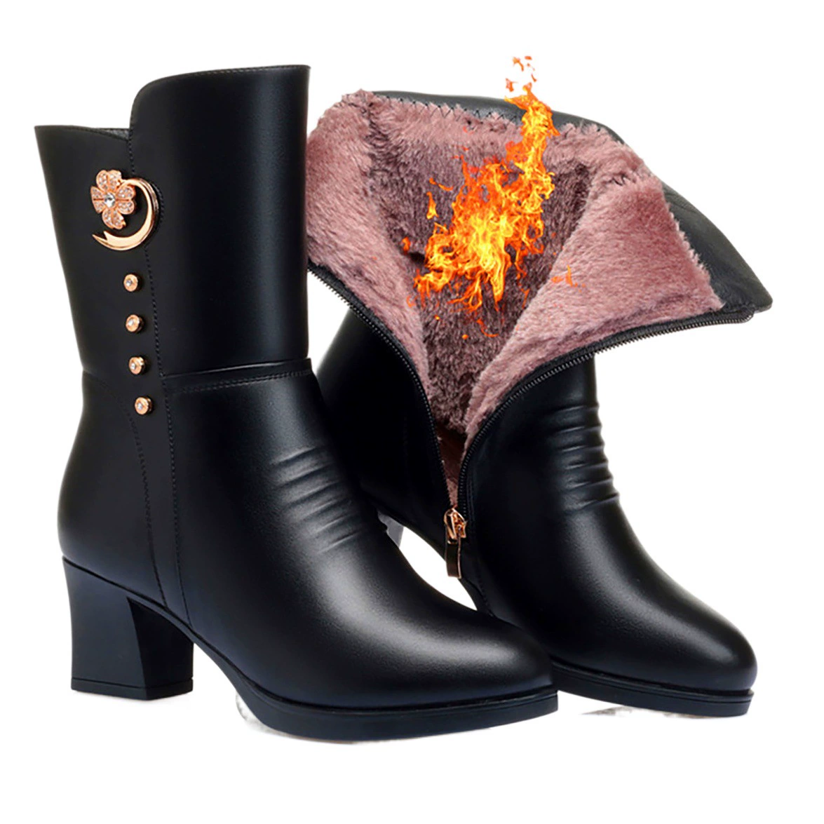 Трансграничная Внешняя торговля Новые хлопчатобумажные сапоги больших размеров, утолщенные на флисовой подкладке, женские кожаные сапоги на среднем каблуке со стразами и жемчугом, сапоги на толстом каблуке со средним стволом 42