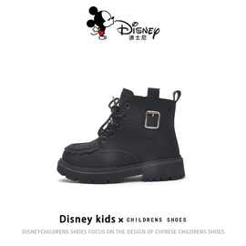 迪士尼童鞋2023春秋款女童马丁靴侧拉轻便一脚蹬皮靴休闲儿童靴子