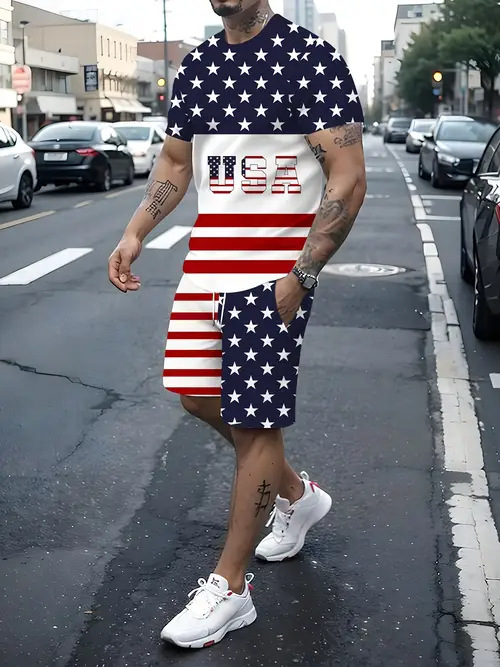 Comercio exterior europeo y americano Amazon 2025 nueva moda patrón de estrella de cinco puntas camiseta de manga corta pantalones cortos traje ME2 MA1