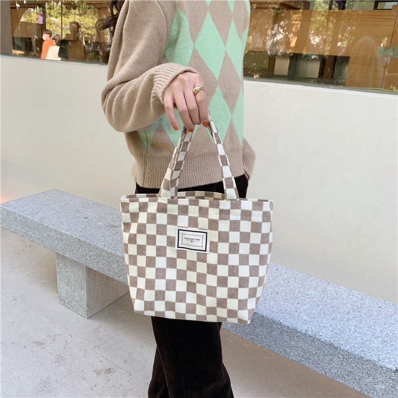 11261 Corduroy checkered hand-held bento Bag, ins Artistic Retro Mommy Bag, small carrying bag for going out, lunch box bag undefined