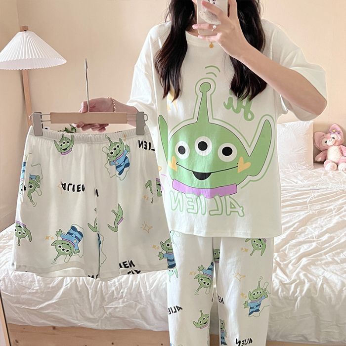 Liebre estudiante conjunto de pijamas de tres piezas mujeres de verano de mangas cortas pantalones cortos pantalones largos de cuello redondo conjunto de dibujos animados ropa doméstica volumen de carrera transfronteriza