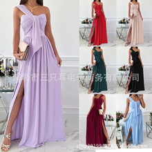 2022独立站wish亚马逊爆款   夏季简约无袖露肩下摆开叉连衣裙女