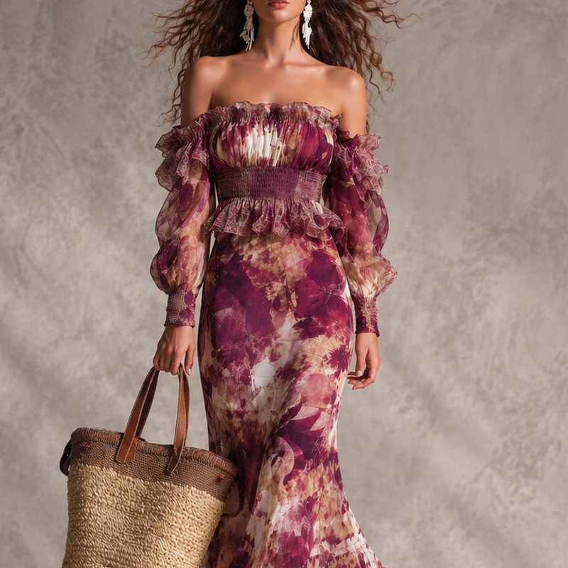 2026 One-Shoulder Ruffled Waist-Cinching Chiffon Long Dress with Purple Gradient Print, Puff Sleeves, and Mermaid Hem for Vacation 2026 One-Shoulder Ruffled Waist-Cinching Chiffon Long Dress with Purple Gradient Print, Puff Sleeves, and Mermaid Hem for Vacation