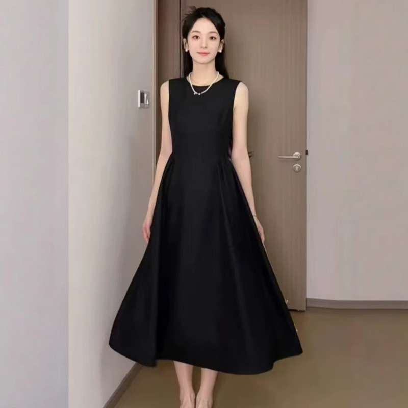ピンク 2025 新しい夏のノースリーブベストドレス女性のスリムウエストデザインラウンドネックドレス|undefined