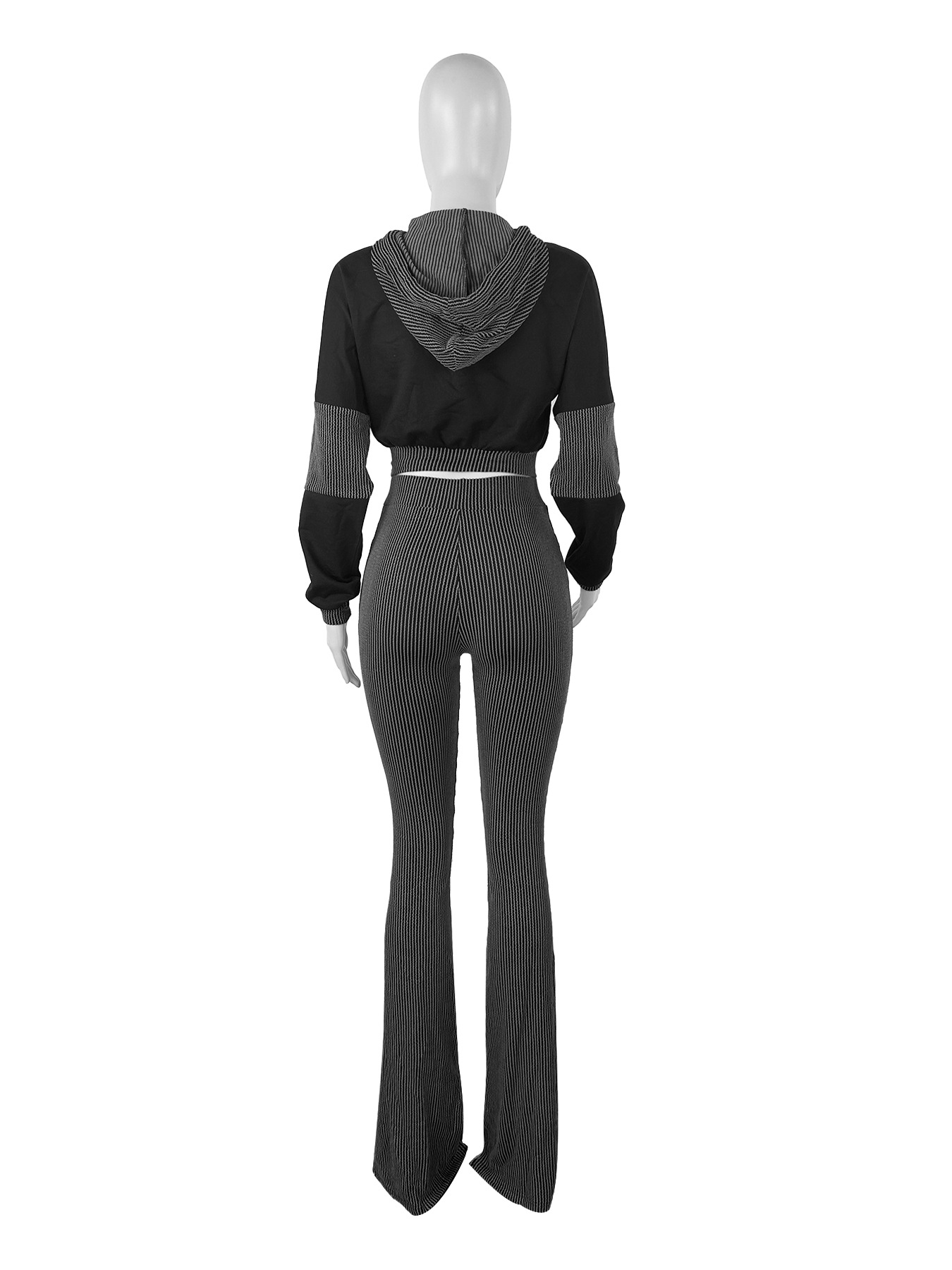 Women Clothing Twist Strip Sweater Stitching Hooded Bell Bottom Pants Two Piece Sets