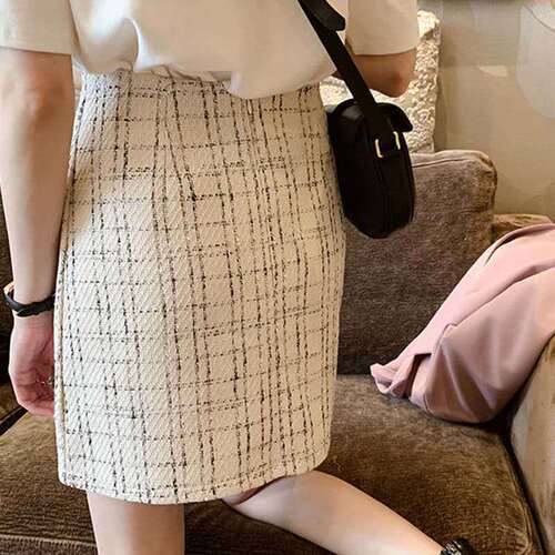 chanel style plaid wool skirt women's autumn and winter dress new fashionable high-waist all-matching hip skirt