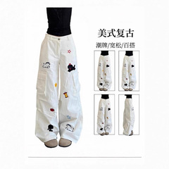 设计感刺绣小狗多口袋白色裤子女牛仔美式宽松阔腿直筒休闲工装裤