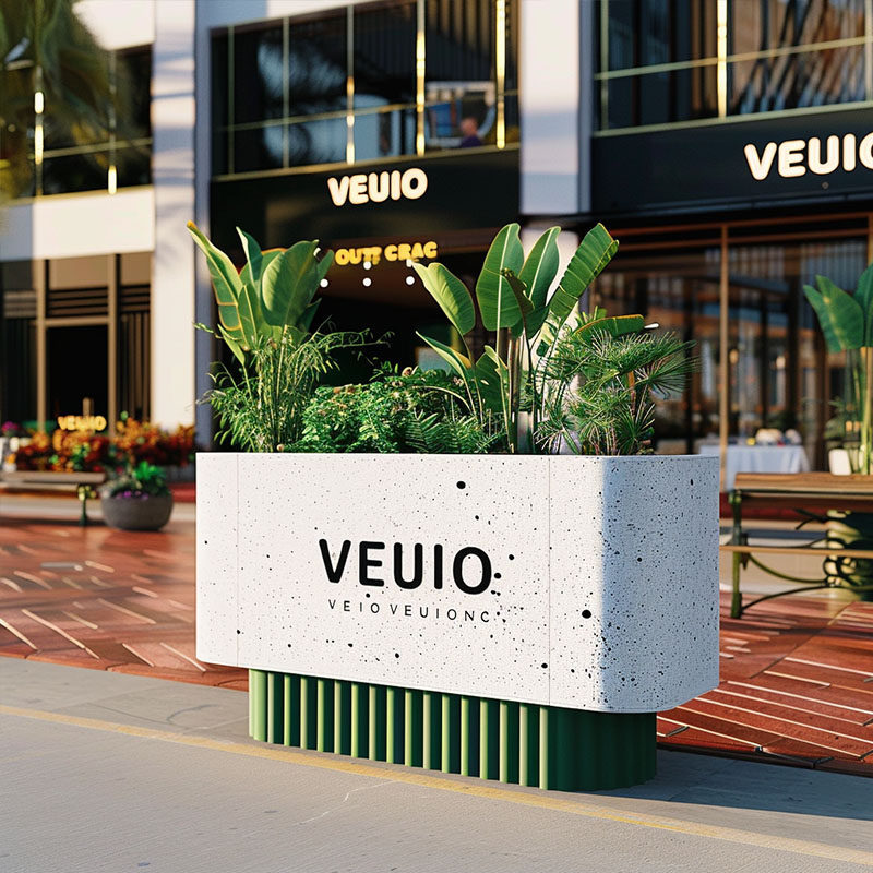 Outdoor terrazzo-textured wrought iron flower boxes, used as decorative planters and partitions in front of shops on commercial streets, and as landscaping flower beds in public areas