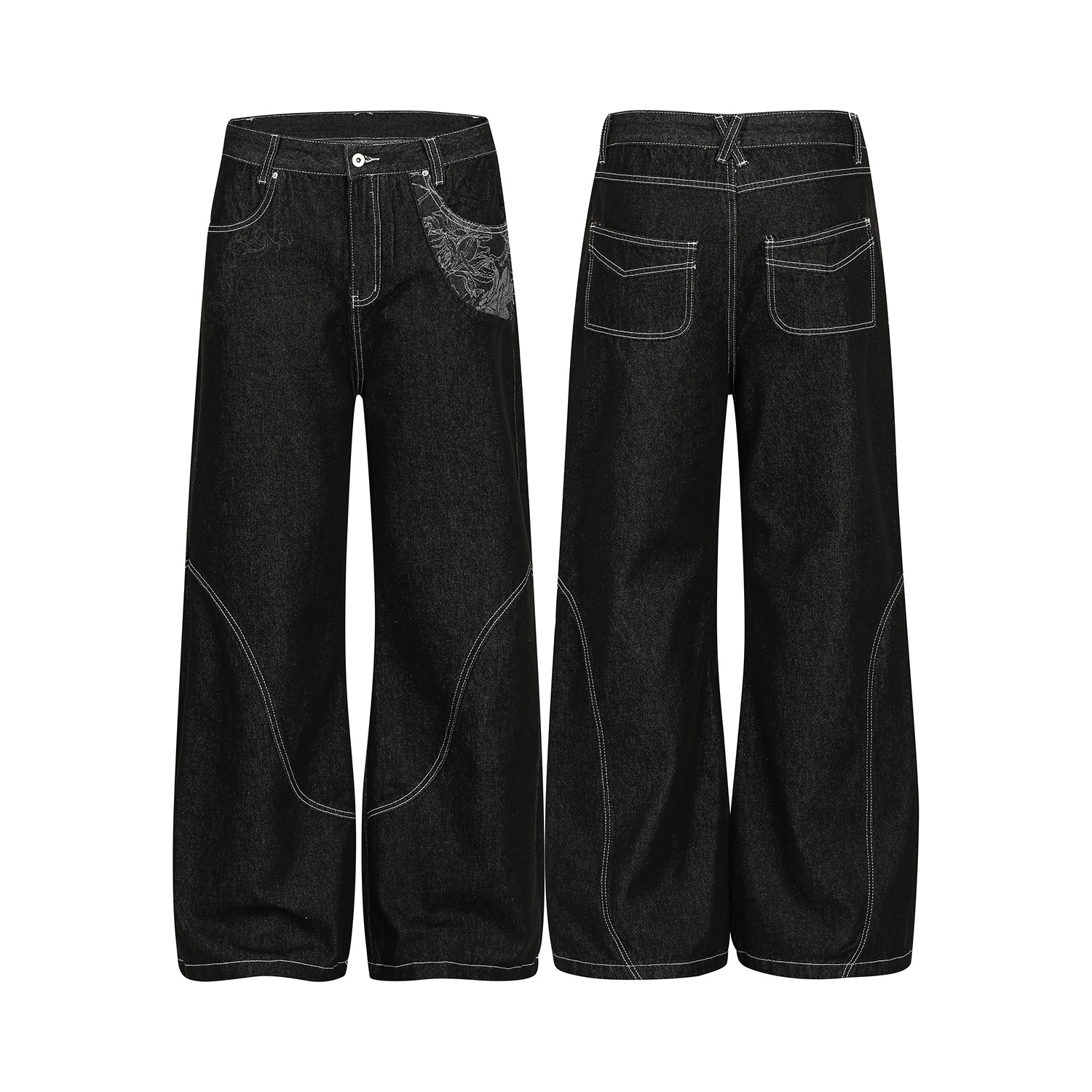K718 American High Street Unisex High-End Retro Deconstructed Raw Cow Embroider Design Loose Men's Straight Jeans