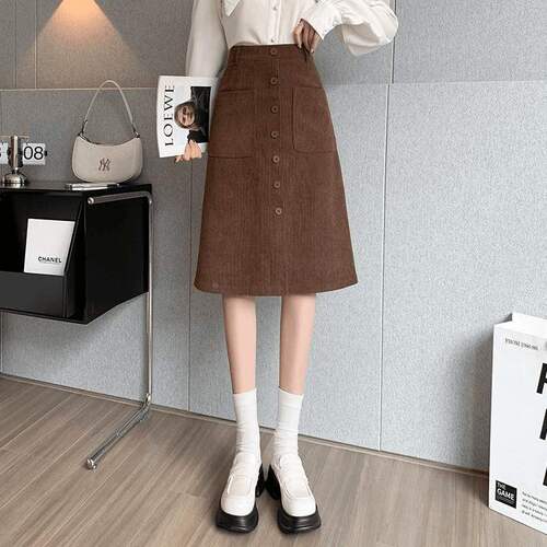 Corduroy half skirt for women in spring and autumn and winter new high-waisted long skirt a-line skirt