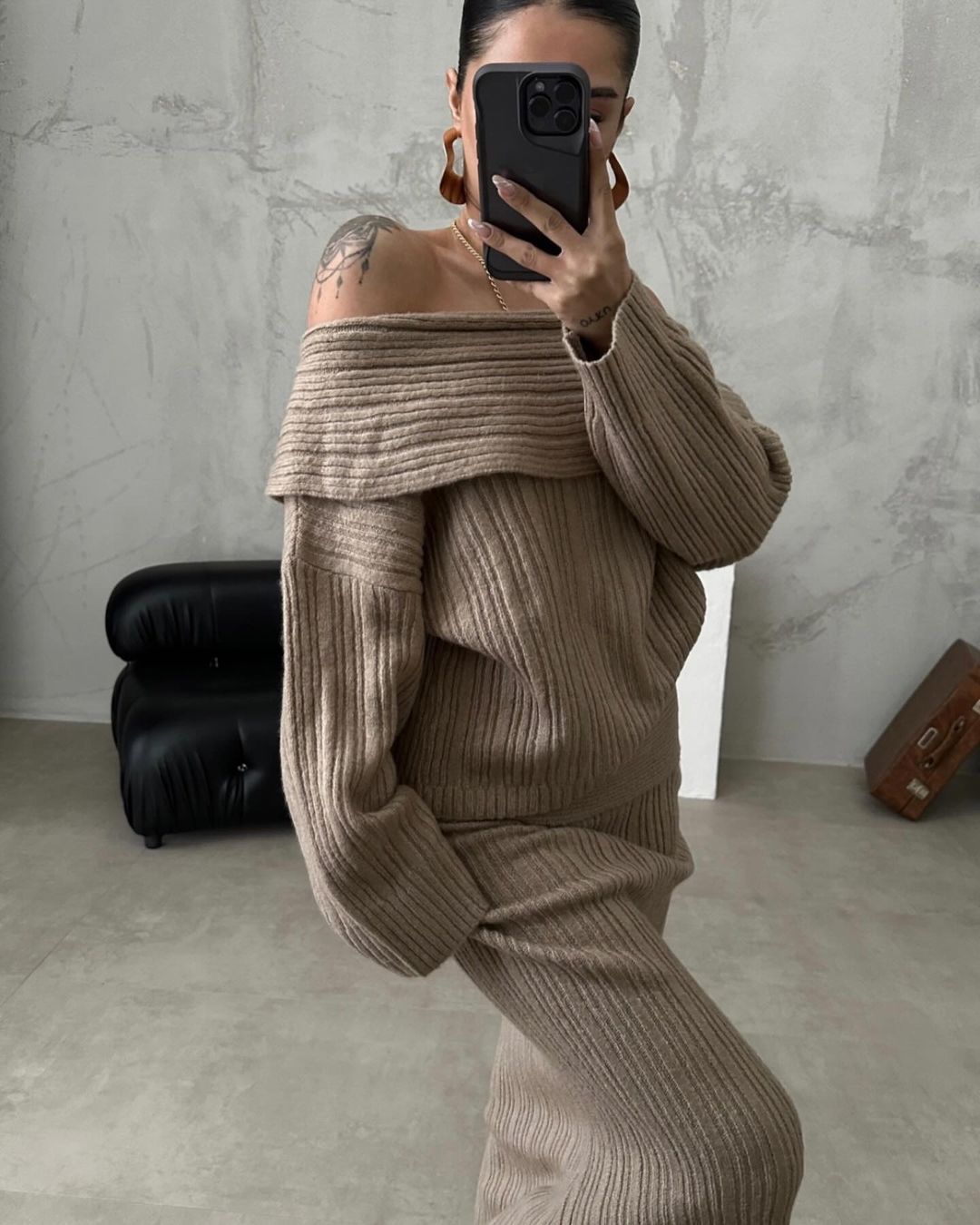 ​Damenmode, schulterfreier Strickpullover, zweiteiliges Set, langärmelig, lockere Passform, einfarbig, lässiges Outfit​_voghion.com