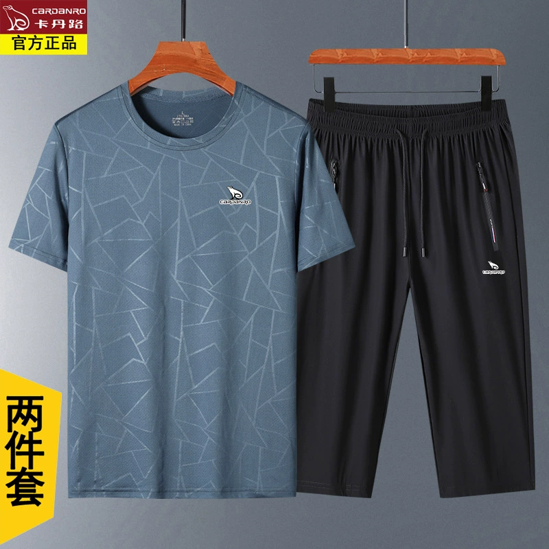 Cardanlu Ice Silk Suit Мужской летний свободный повседневный спортивный костюм для папы среднего возраста с короткими рукавами и 5-точечными шортами, комплект из двух предметов