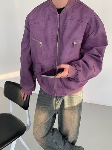 Trendy high-street suede velvet coat for men: autumn-style American retro casual edgy, cool, and relaxed-fit motorcycle jacket with a stand-up collar.