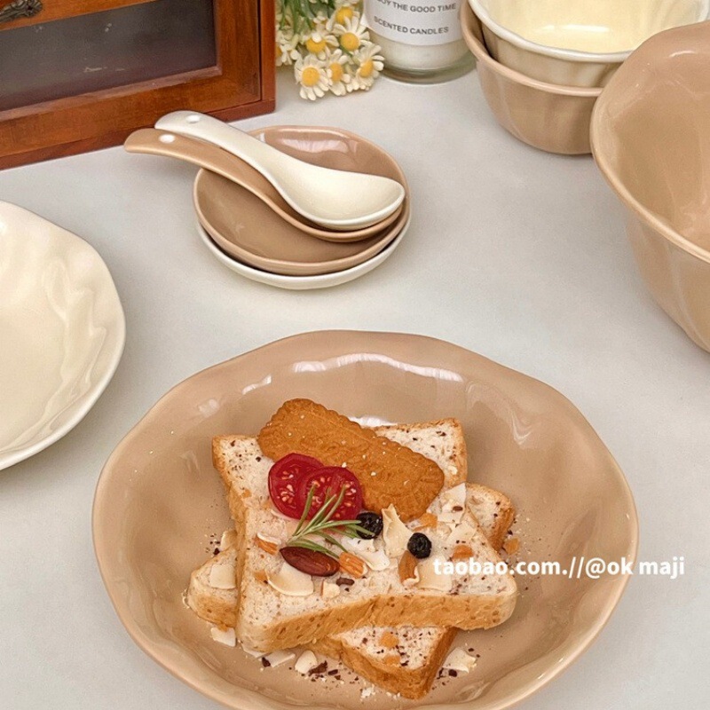 Ok Maji Korean Ins Style Pure Color Lace Dish Set Household 2025 New Ceramic Tableware Dish Plate Deep Plate