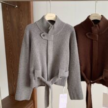 里约记事 休闲长袖半高领毛衣春秋宽松针织衫系带设计外套均码棉