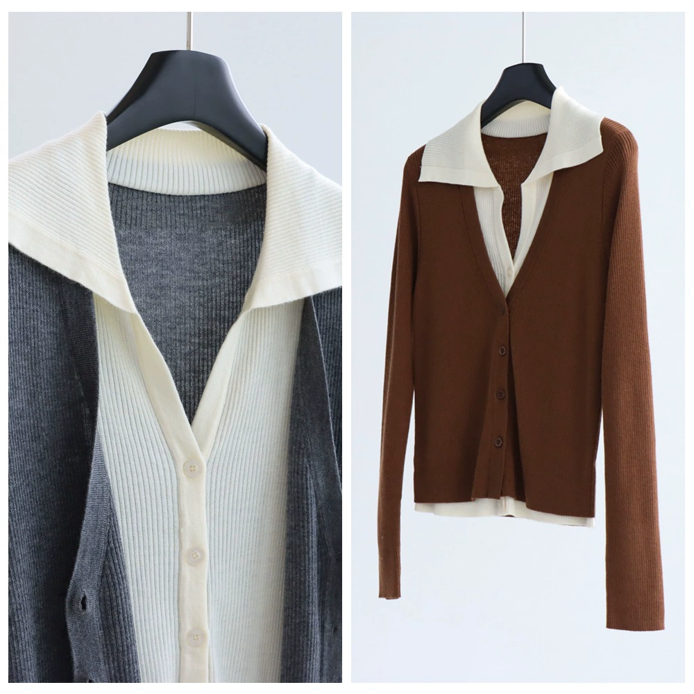 Ранняя осень, двухслойная планка из смеси шерсти, искусственный двухсекционный трикотаж с лацканами, кардиган, топ с длинными рукавами, пригородный трикотаж, новый продукт