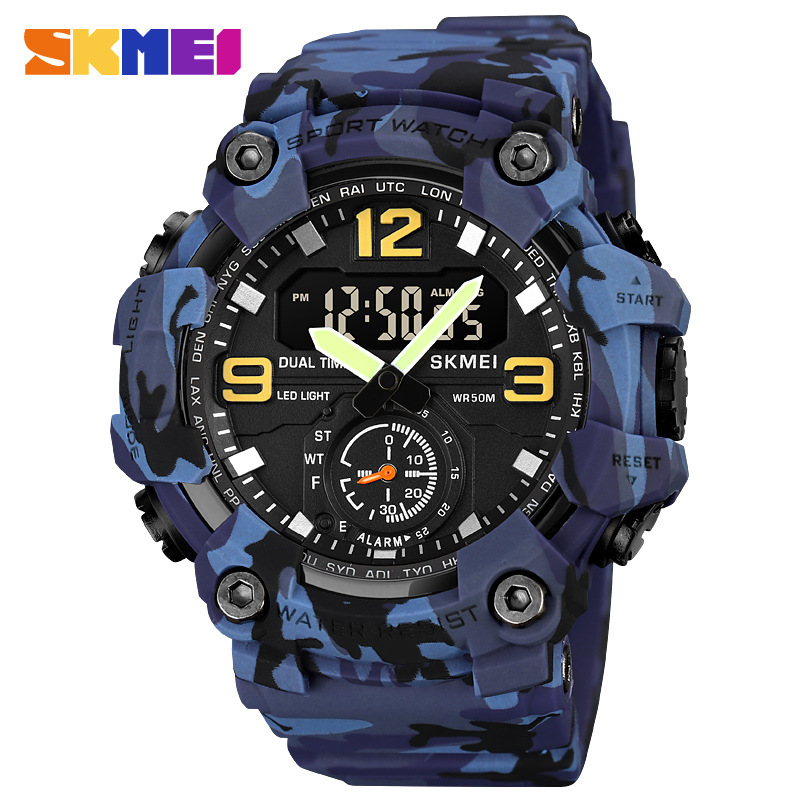 Skmei multifuncional de doble movimiento deportivo reloj electrónico de los hombres de sincronización luminosa reloj de moda 1965