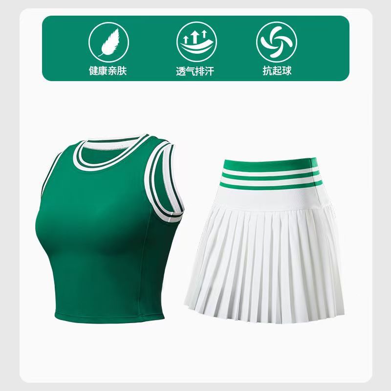 [Traje deportivo] chaleco de bra de cuello redondo de mujer, cintura alta, color combinado, vestido de tenis de pliegues secos rápidos, ropa apretada.