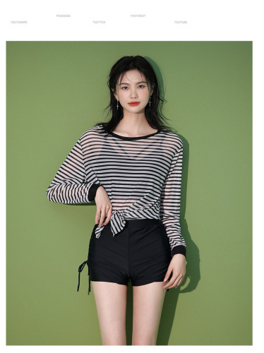 Split three-piece swimsuit women's long-sleeved sun protection cover-up boxer briefs slimming stripes conservative hot spring swimmers only