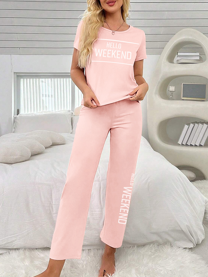Women's Autumn Pajama Set European American Style Casual Two Piece Sleepwear With Short Sleeved Top And Long Pants Can Be Worn Outside_voghion.com