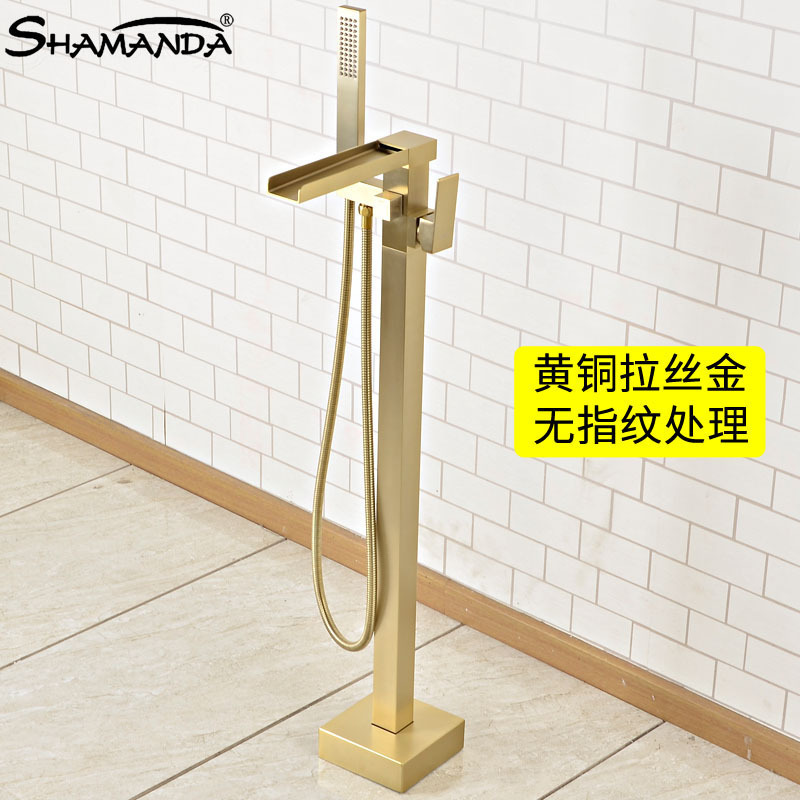 All-copper brushed gold floor-standing bathtub faucet side black waterfall vertical sink faucet
