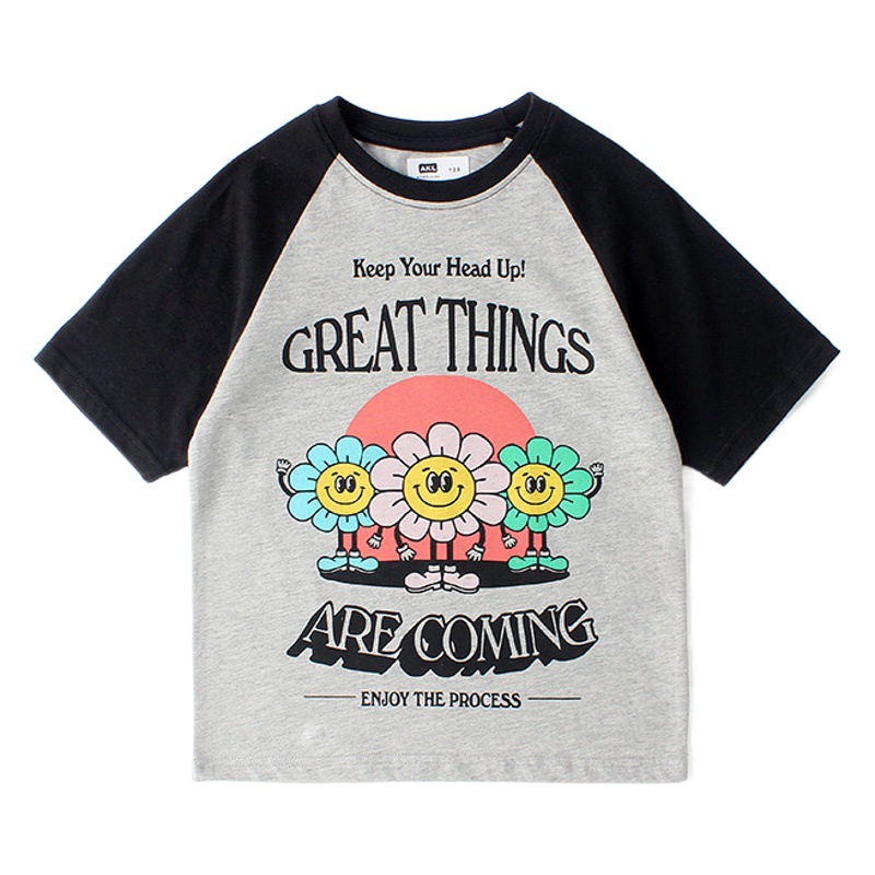 Ropa de verano para niños Estilo coreano Nueva Camiseta de manga corta para niñas Grandes niños Raglan contraste color transpirable superior de manga corta para niños al por mayor