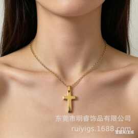 原创镜面全抛光欧美饰品时尚简约款不锈钢钛钢情侣十字架项链吊坠