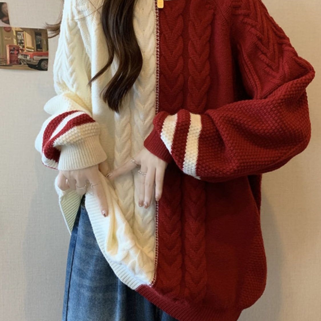 圣诞节穿搭红色毛衣女学生麻花拼接慵懒风宽松显瘦加厚套头针织衫