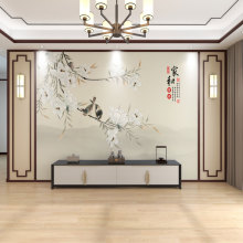 新款新中式电视背景墙壁纸花鸟墙纸客厅山水壁布影视墙布壁画