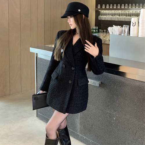 Super good-looking black suit woolen coat small fragrant style casual waist woolen coat women's autumn and winter new style