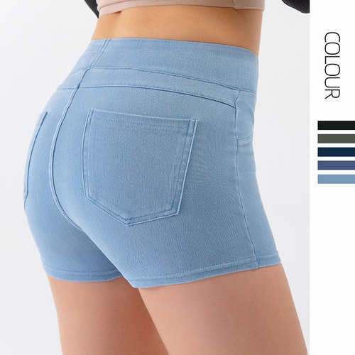 Women's High-Waisted Tight Thigh-Lifting Pocket Casual Sporty Denim Shorts for Spring and Summer, Western Style, Outerwear Three-Way Shorts