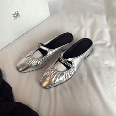 秒發！蘇茵茵同款鞋方頭小羊皮褶皺鑽扣包頭粗跟拖鞋半拖外穿