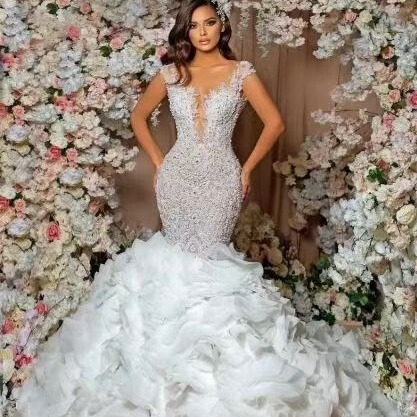 2023 Amazon new foreign trade wedding dress African cross-border bridal lace deep V mermaid wedding dress customization