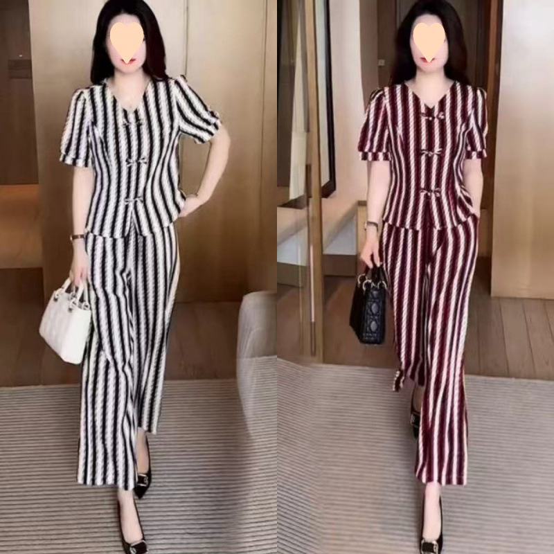 新中式国风套装女夏季新款时尚洋气显瘦冰丝盘扣短袖阔腿裤两件套|undefined