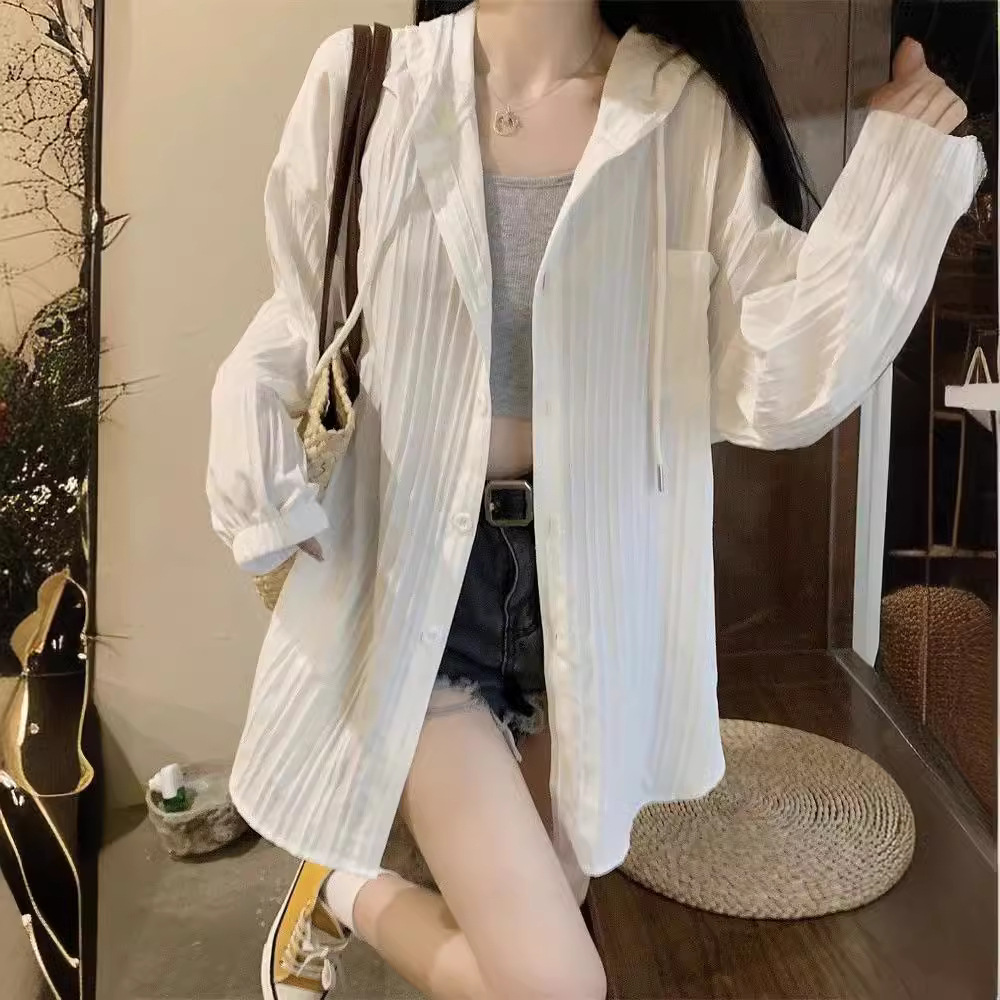 跨境工厂白色连帽薄款防晒衣外套女装夏季中长款显瘦开衫上衣淘宝