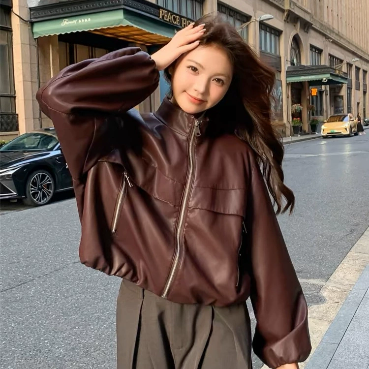 Анкола красный ганский стиль ретро кожаное пальто женское маленькое 2024 весна и осень новая уличная короткая куртка топ