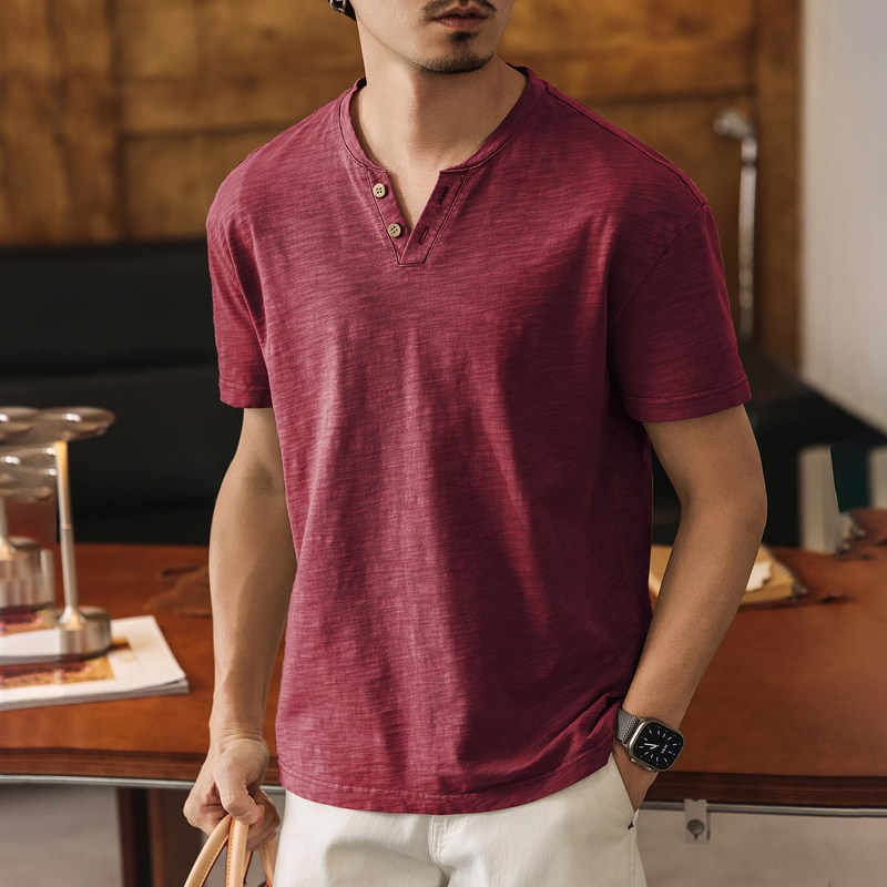 Old Money Style Retro Heavyweight Slub Cotton Henley Collar Short-Sleeve Men's Summer American-Style T-Shirt Trendy Brand Burgundy Polo Shirt Old Money Style Retro Heavyweight Slub Cotton Henley Collar Short-Sleeve Men's Summer American-Style T-Shirt Trendy Brand Burgundy Polo Shirt