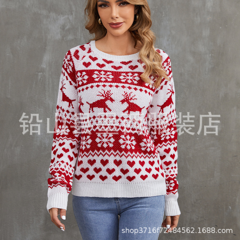 Christmas Sweater Round Neck Sweater Cross-Border Foreign Trade European and American Knitted Cardigan Amazon Women's Sweater Cartoon