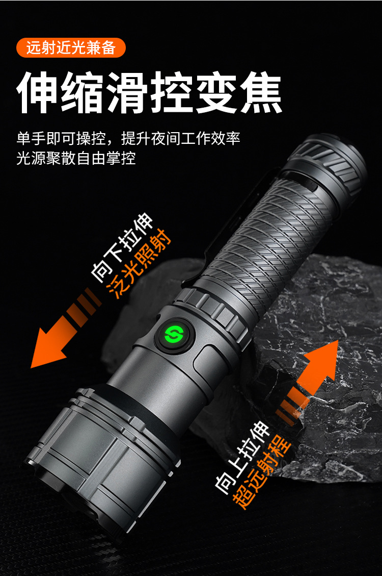 Cross-Border High-Intensity Long-Range Tactical Flashlight with Telescopic Zoom, Adjustable Brightness, Outdoor Flashlight, Aluminum Alloy, Waterproof, Rechargeable Model