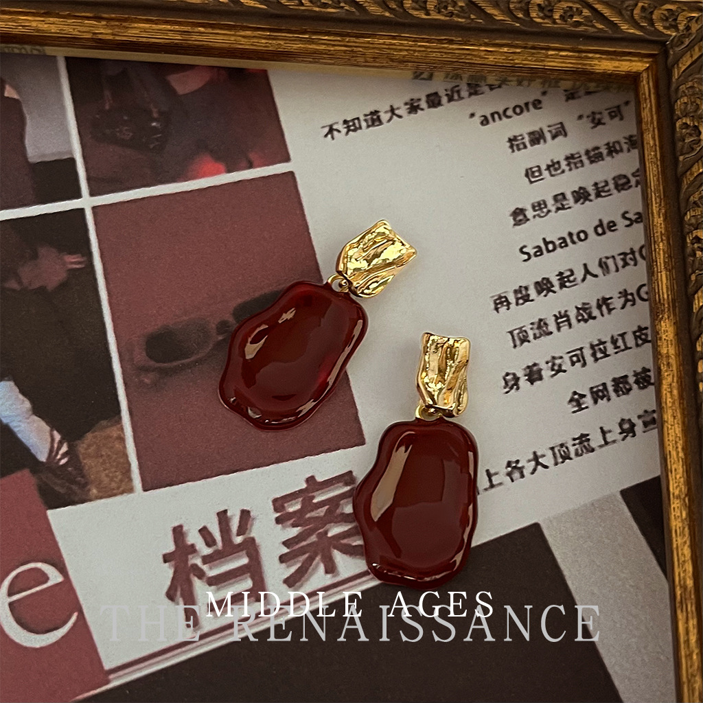 Vintage irregular groove ankola red earrings oil drop retro French