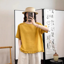 古咖服饰夏季砂洗亚麻花边拼接小衫女气质圆领短袖宽松纯色套头衫