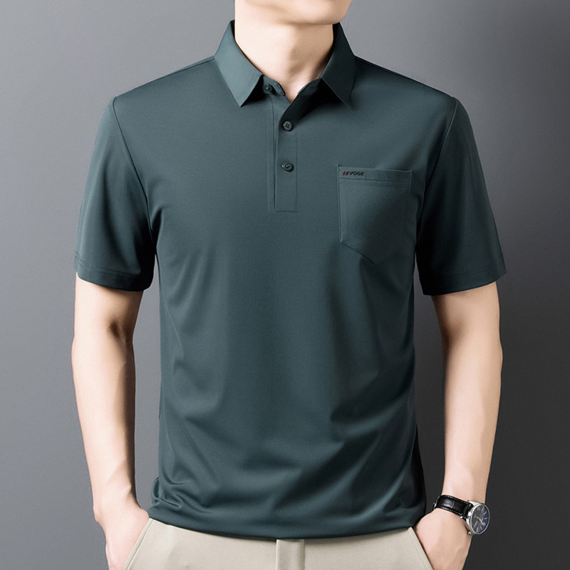 中年男性半袖Tシャツ夏通気性ラペルポロシャツカジュアルハイエンドリアルポケットお父さんTシャツ|undefined