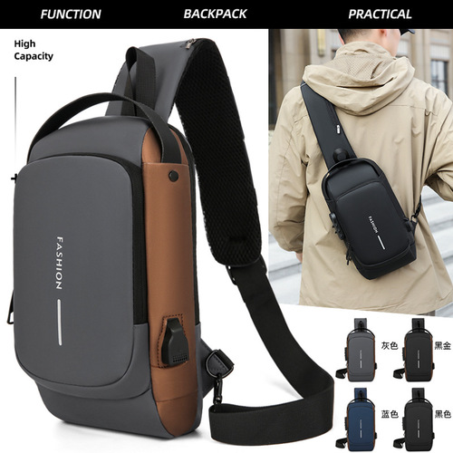 Password lock anti-theft chest bag for men, motorbike bag, outdoor waterproof unisex crossbody USB charging chest bag