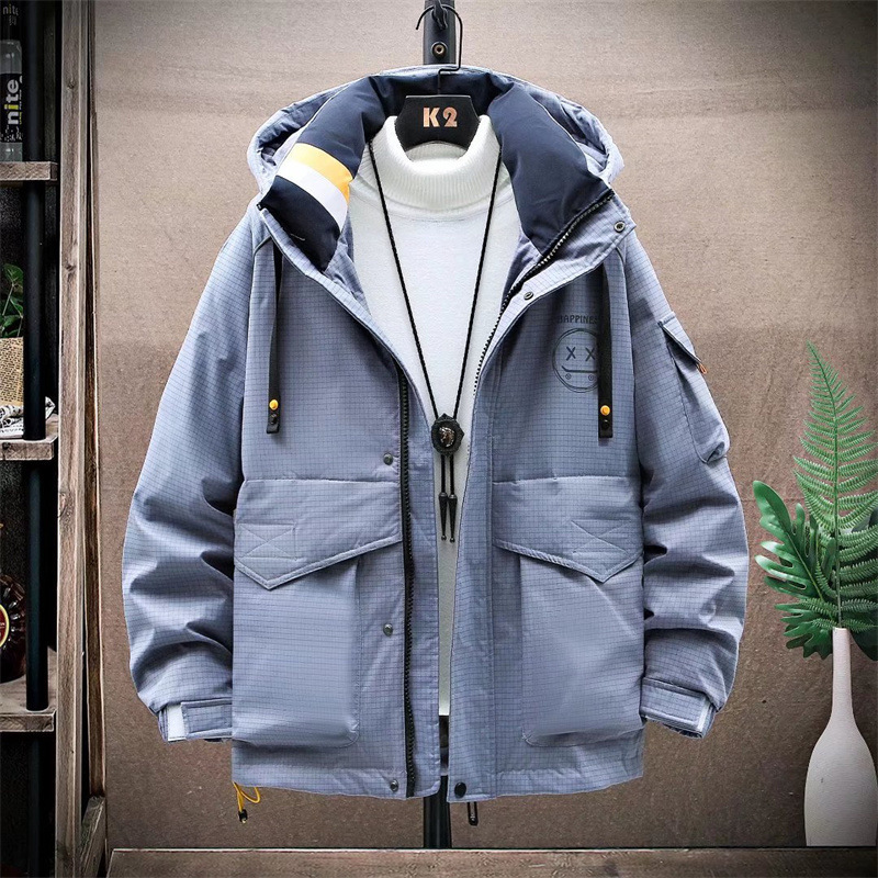 Winter Reflective Light Smiling Face Down Jacket Men's Hong Kong-style Mid-length Thickened Thermal Insulation Warm Hat Full-grid Down Jacket
