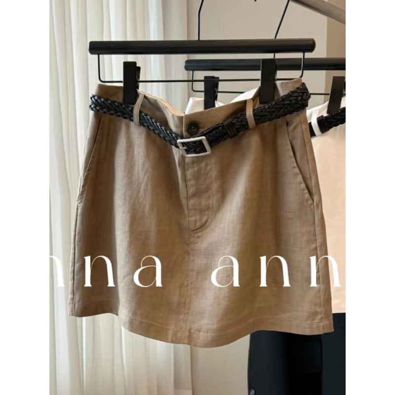 Jomi Recommends! Khaki Linen Mini Skirt That Makes You Look Slimmer, Taller, and Longer-Legged, A-Line Anti-Exposure Skirt for Women