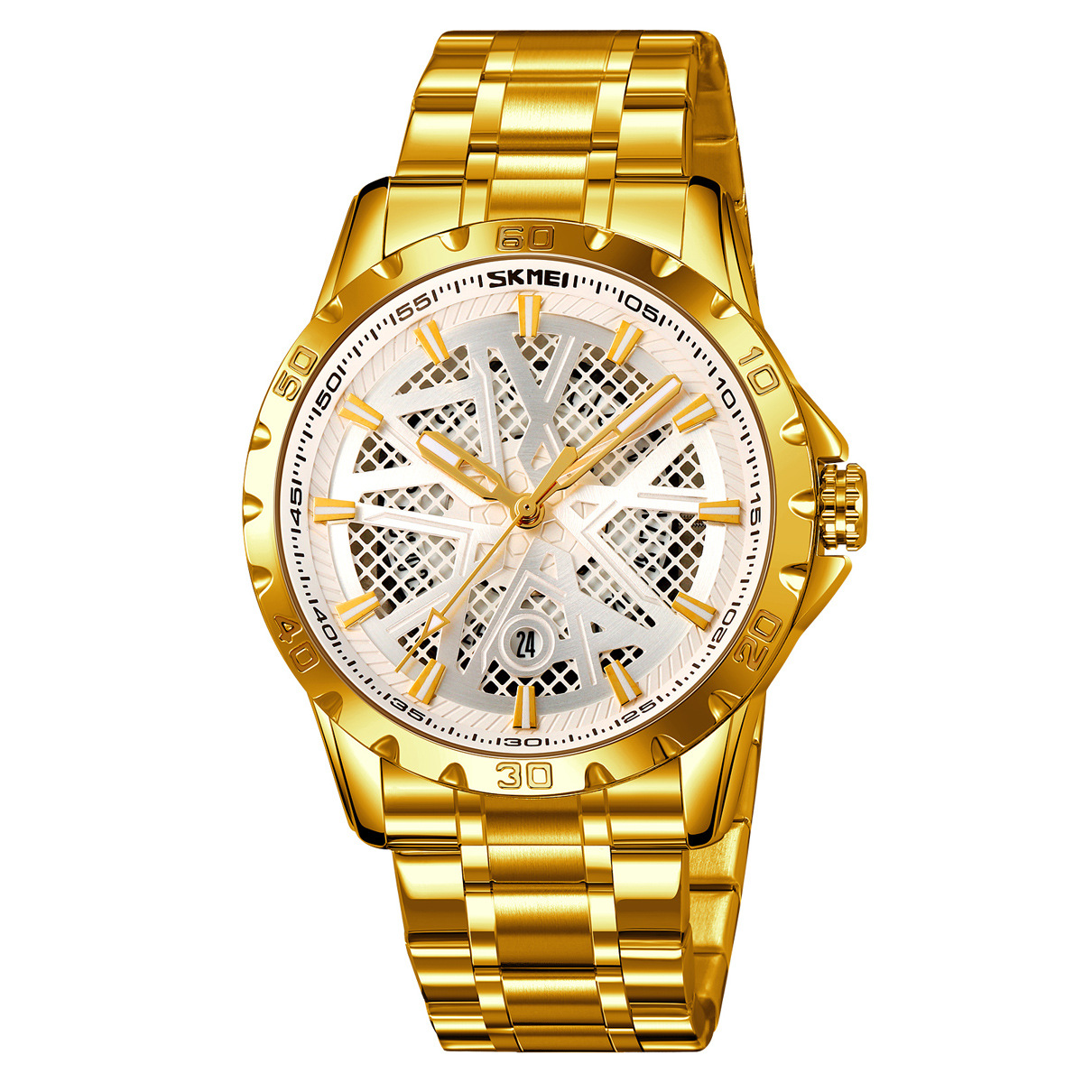 Momento de reloj de hombre redondo hueco correa de acero impermeable calendario reloj de pulsera simple reloj de cuarzo comercial al por mayor transfronterizo