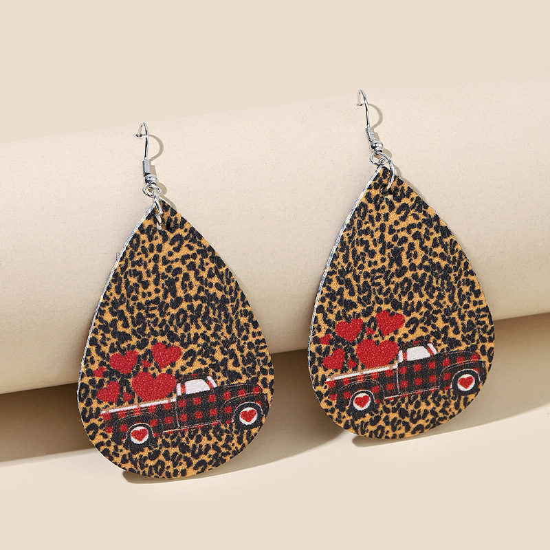 European And American Retro Water Drop Leopard Print Leather Earrings display picture 2