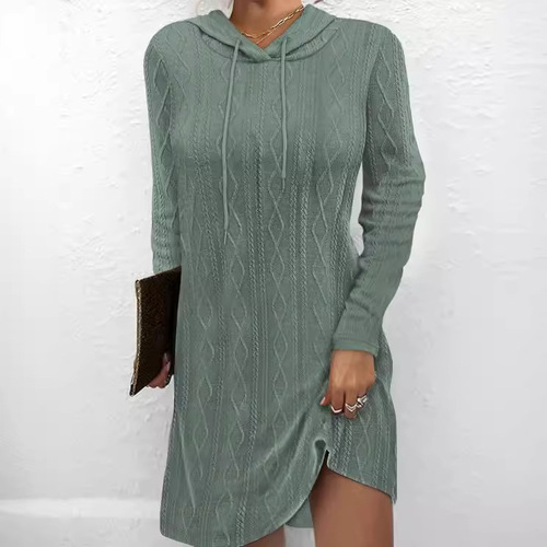 2025 Independent Station Autumn Solid Color Long Sleeve Hooded Knit Dress for Women